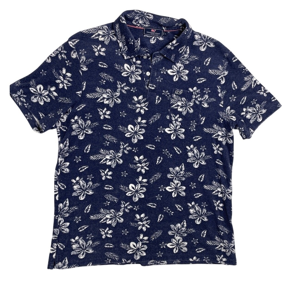 Vineyard Vines Mens Floral Polo Shirt Navy Blue Tropical Terry Cloth Towel Large